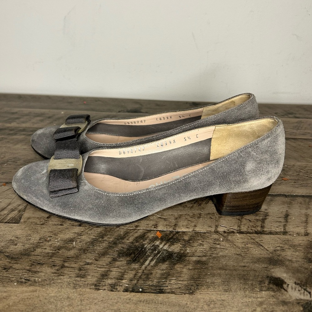 Salvatore Ferragamo Gray Suede Bow Block Heels